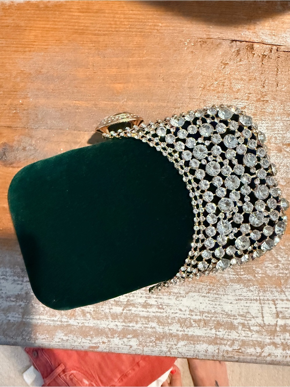 Elegant Green Velvet and Crystal Evening Clutch